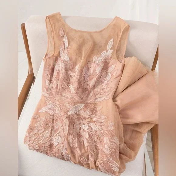 BCBGMaxAzria Dusty Rose Embroidered Leaf Tulle Dress - Picture 2 of 6